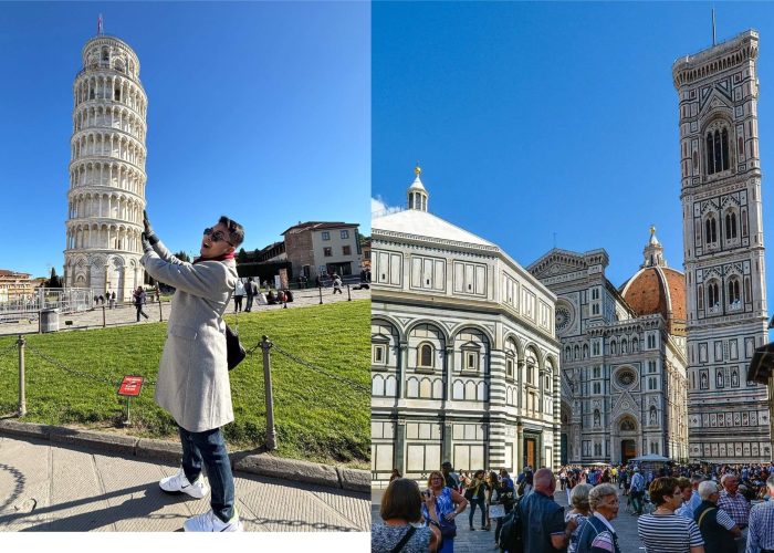 Pisa vs Florence day trip comparison showing the Leaning Tower of Pisa and Florence historic center