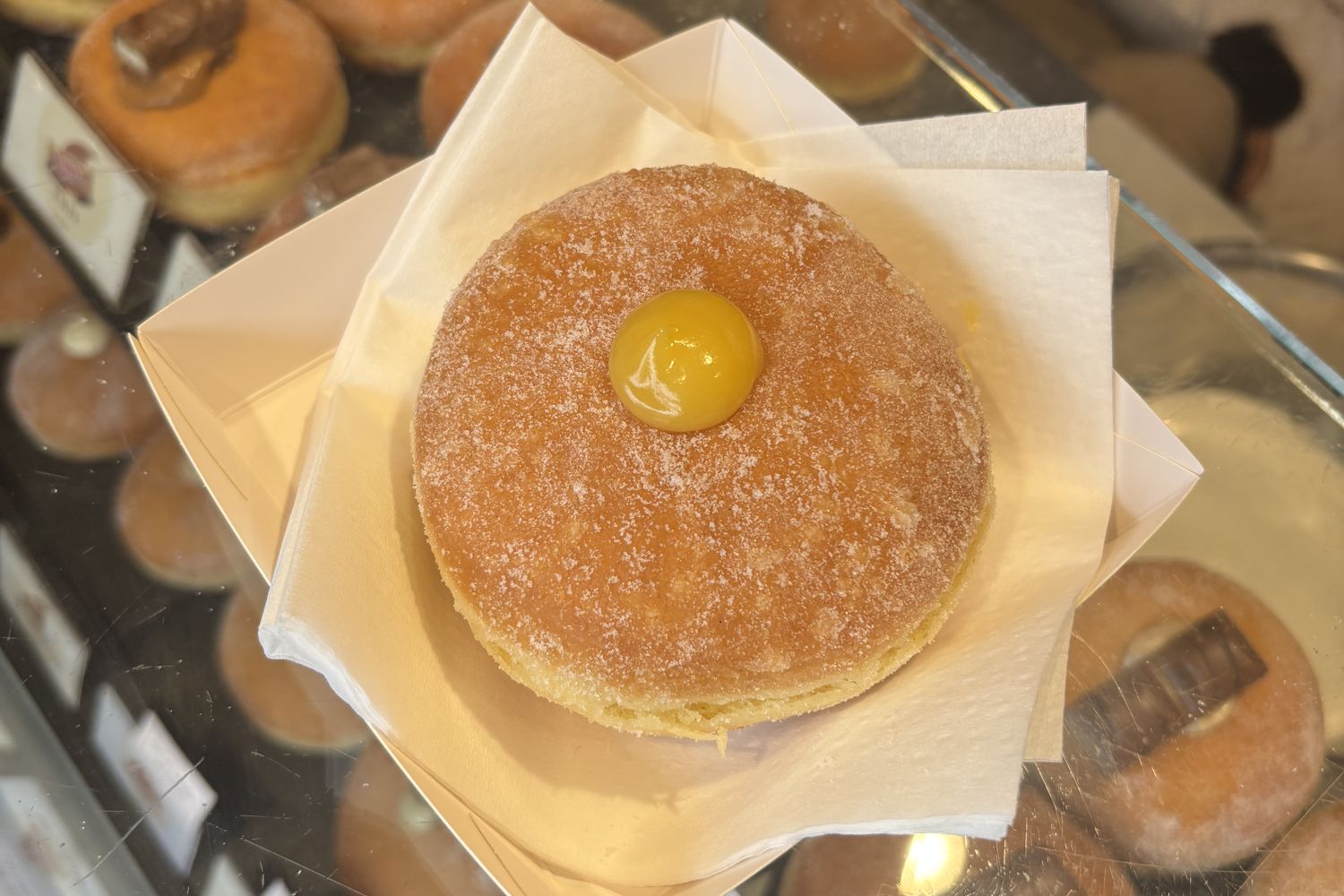 A lemon-cream bombolone dusted with sugar, seen from above at a Pisa pastry shop